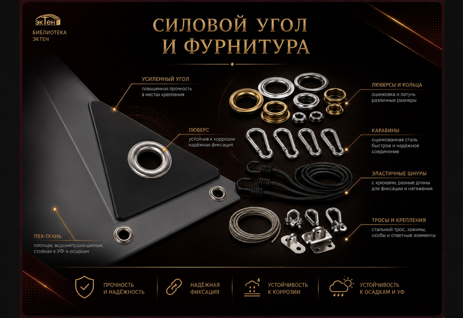 Силовой угол тента и фурнитура на гладком ПВХ-полотне