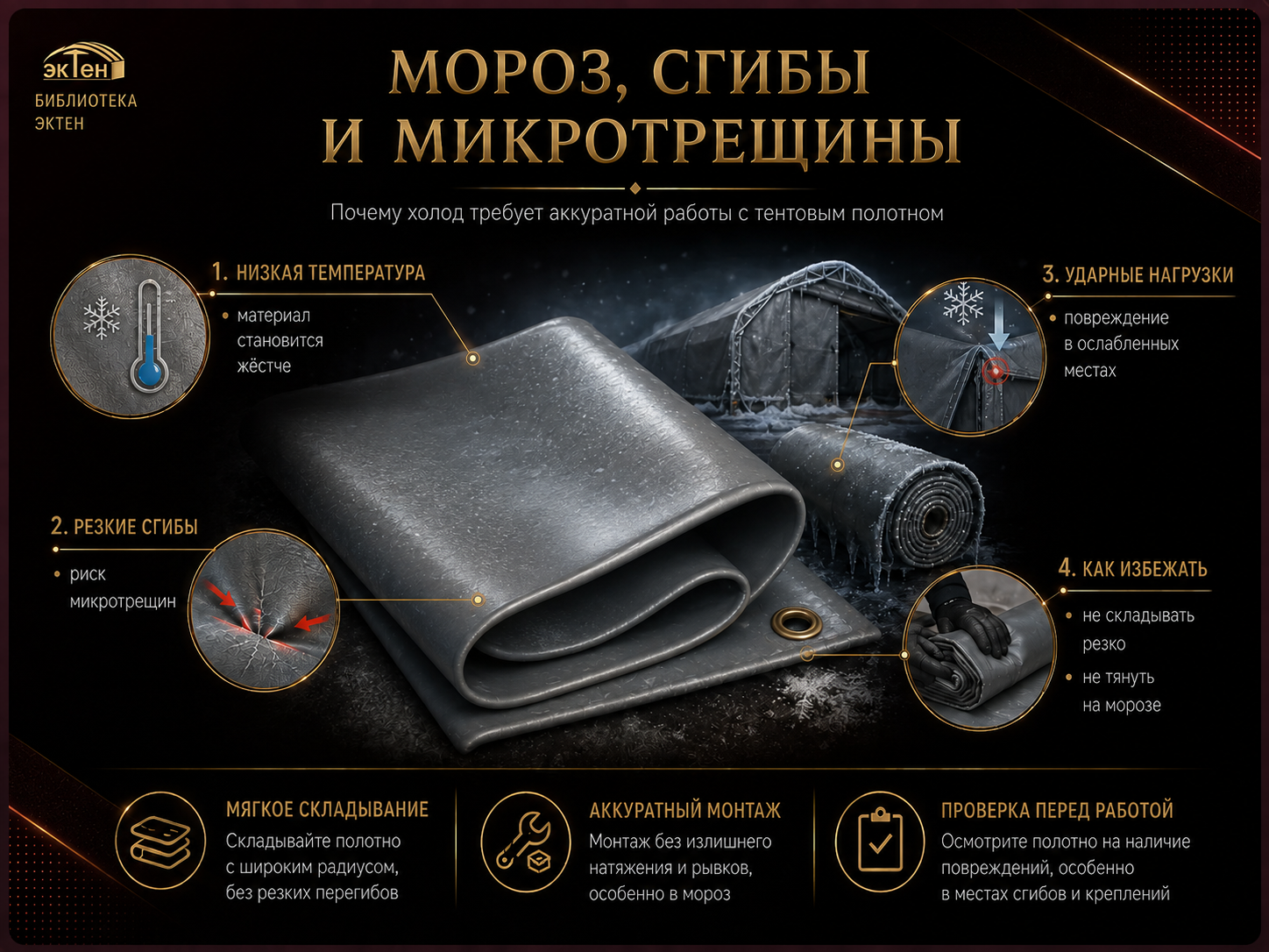 ПВХ-тент на морозе: жёсткость, сгибы и риск микроповреждений
